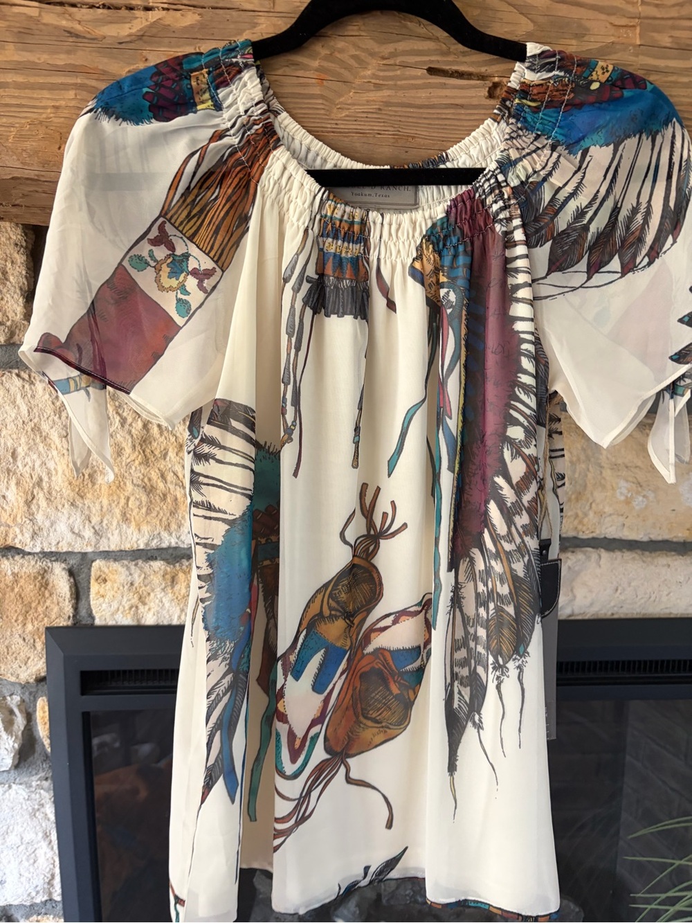 Double D Ranch Mocassin Boho Feather Print Off-Shoulder Top - Ivory